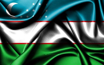 uzbekisk flagga, 4k, asiatiska länder, tygflaggor, uzbekistans dag, uzbekistans flagga, vågiga sidenflaggor, asien, uzbekiska nationella symboler, uzbekistan
