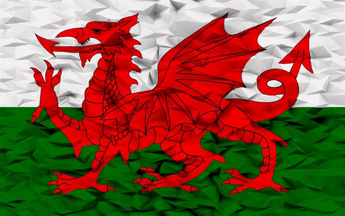 bandiera del galles, 4k, sfondo poligono 3d, struttura del poligono 3d, bandiera gallese, giorno del galles, bandiera del galles 3d, simboli nazionali gallesi, arte 3d, galles