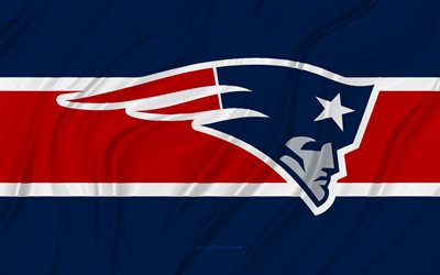 New England Patriots, 4K, blue red wavy flag, NFL, american football, 3D fabric flags, New England Patriots flag, american football team, New England Patriots logo