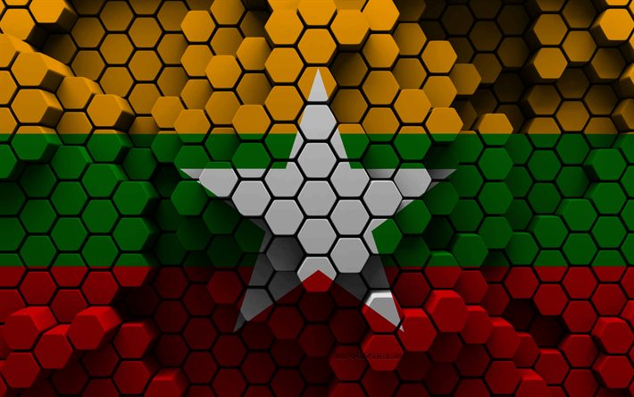 4k, Flag of Myanmar, 3d hexagon background, Myanmar 3d flag, Day of Myanmar, 3d hexagon texture, Myanmar national symbols, Myanmar, 3d background, 3d Myanmar flag