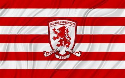 Middlesbrough FC, 4K, red white wavy flag, Championship, football, 3D fabric flags, Middlesbrough FC flag, soccer, Middlesbrough FC logo, english football club, FC Middlesbrough