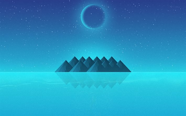 4k, abstract nightscapes, moon, mountains, island, creative, abstract landscapes, abstract nature, drawing landscapes