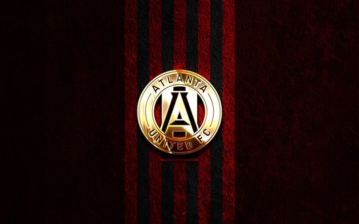 atlanta united logo doré, 4k, fond de pierre rouge, mls, club de football américain, atlanta united logo, football, atlanta united fc, atlanta united