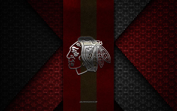 Chicago Blackhawks, NHL, red black knitted texture, Chicago Blackhawks logo, American hockey club, Chicago Blackhawks emblem, hockey, Chicago, USA