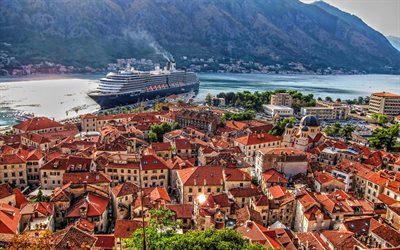 kotor, nave da crociera, molo, architettura antica, estate, montenegro, europa, navi da crociera, città montenegrine