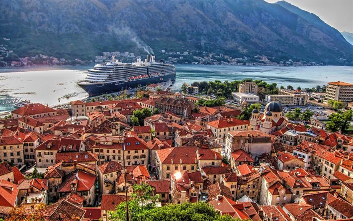 kotor, cruzeiro, cais, arquitetura antiga, verão, montenegro, europa, navios de cruzeiro, cidades montenegrinas