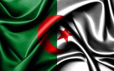 알제리 국기, 4k, 아프리카 국가, 패브릭 플래그, 알제리의 날, 알제리의 국기, 물결 모양의 실크 깃발, 아프리카, 알제리 국가 상징, 알제리