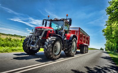 massey ferguson mf 8s, traktor med släp, ny röd mf 8s, lantbruksmaskiner, nya traktorer, massey ferguson