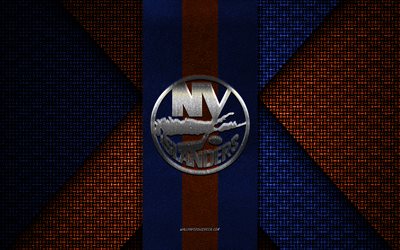 new york islanders, nhl, textura tejida azul naranja, logotipo de new york islanders, club de hockey estadounidense, emblema de new york islanders, hockey, nueva york, ee uu