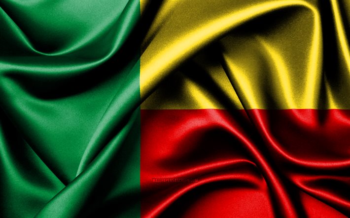 bandera de benín, 4k, países africanos, banderas de tela, día de benín, banderas de seda onduladas, áfrica, símbolos nacionales de benín, benín