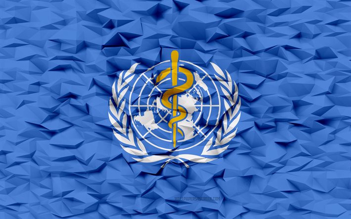 bandera de la organización mundial de la salud, 4k, fondo de polígono 3d, textura de polígono 3d, bandera de la organización mundial de la salud 3d, símbolos de organizaciones internacionales, arte 3d, organización mundial de la salud