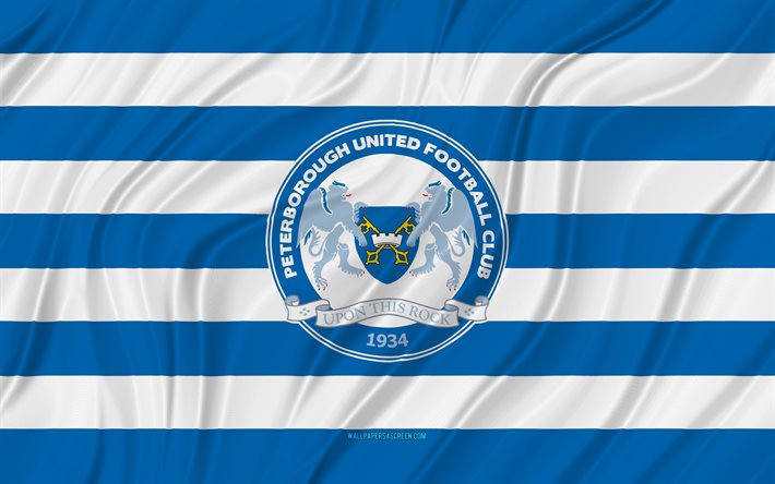 peterborough united fc, 4k, blau-weiße gewellte flagge, meisterschaft, fußball, 3d-stoffflaggen, peterborough united-flagge, peterborough united-logo, englischer fußballverein, peterborough united