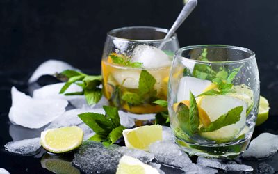 lemonade, ice cubes, glass glasses with lemonade, cooling drinks, lemon lime, lemon slices, ice