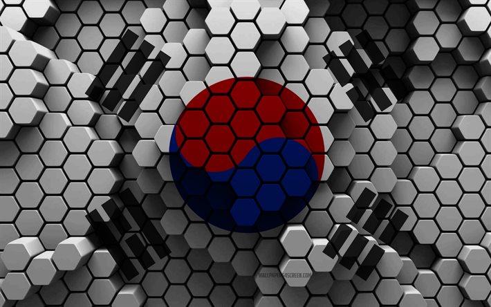 4k, bandera de corea del sur, fondo hexagonal 3d, bandera 3d de corea del sur, día de corea del sur, textura hexagonal 3d, símbolos nacionales de corea del sur, corea del sur, fondo 3d, bandera de corea del sur 3d