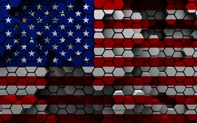 4k, Flag of USA, 3d hexagon background, USA 3d flag, Day of USA, 3d hexagon texture, American flag, American national symbols, USA, 3d background, 3d USA flag