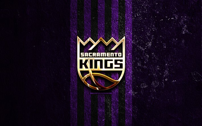 sacramento kings logotipo dorado, 4k, fondo de piedra violeta, nba, equipo de baloncesto americano, logotipo de sacramento kings, baloncesto, sacramento kings
