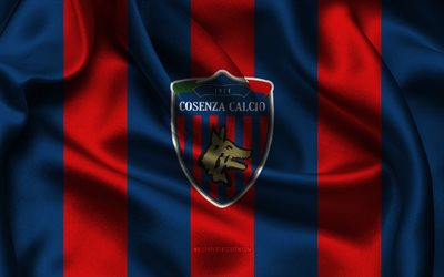4k, Cosenza Calcio logo, blue red silk fabric, Italian football team, Cosenza Calcio emblem, Serie B, Cosenza Calcio, Italy, football, Cosenza Calcio flag, soccer