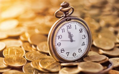 4k, time is money, clock on coins, alarm clock, finance, business concepts, time is the most valuable, alarm clock on coins