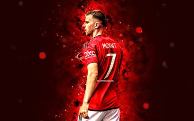 4k, Mason Mount, back view, red neon lights, Manchester United FC, Premier League, english footballers, Mason Mount 4K, red abstract background, soccer, football, Mason Mount Manchester United, Man United