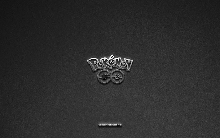 logotipo de pokemon go, marcas, fondo de piedra gris, emblema de pokemon go, logotipos populares, pokémon go, letreros de metal, logotipo de pokemon go metal, textura de piedra