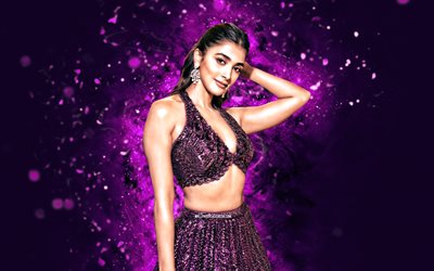 Pooja Hegde, 4k, violet neon lights, indian actor, Bollywood, movie stars, artwork, picture with Pooja Hegde, indian celebrity, Pooja Hegde 4k