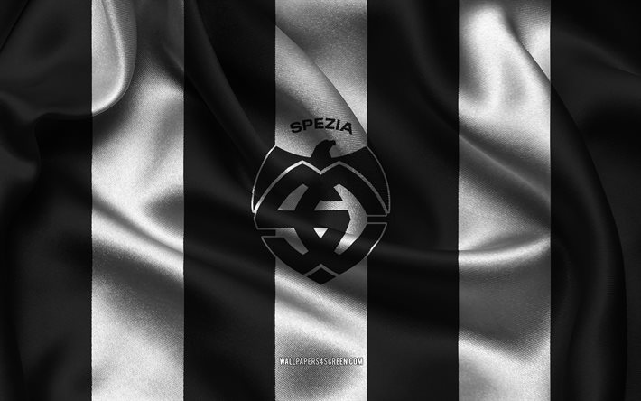 4k, spezia calcio logo, schwarz  weißer seidenstoff, italienische fußballmannschaft, spezia calcio emblem, serie b, spezia calcio, italien, fußball, spezia calcio flag