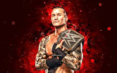 Randy Orton, 4k, red neon lights, WWE, creative, american wrestler, Randal Keith Orton, The Viper, red abstract background, World Wrestling Entertainment, wrestlers, Randy Orton 4K