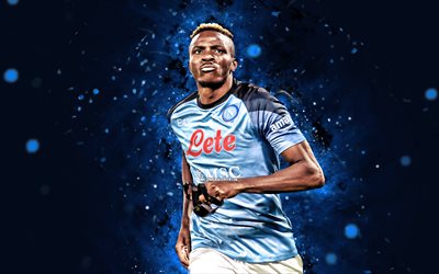 Victor Osimhen, 4k, blue neon lights, SSC Napoli, soccer, Serie A, nigerian footballers, Victor Osimhen 4K, blue abstract background, football, Napoli FC, Victor Osimhen Napoli
