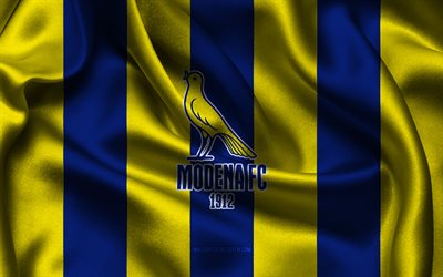 4k, logotipo de modena fc, tela de seda amarilla azul, equipo de fútbol italiano, modena fc emblema, serie b, modena fc, italia, fútbol americano, bandera de modena fc, fútbol
