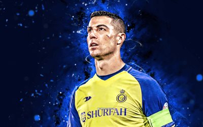 4k, Cristiano Ronaldo, close-up, blue neon lights, Al Nassr FC, football stars, Saudi Pro League, CR7, Cristiano Ronaldo Al Nassr, football, soccer, Al-Nassr FC, Riyadh, CR7 Al Nassr, Cristiano Ronaldo 4K