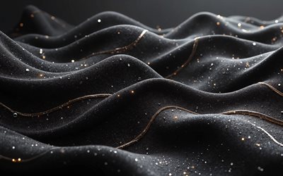 4k, black waves fabric texture, black fabric texture, 3d black waves background, creative waves background, black 3d background, waves background