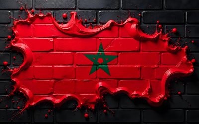 4k, bandera de marruecos, creativo, muro de ladrillo negro, arte de pintar, bandera marroquí, salpicaduras de pintura, obra de arte, áfrica, símbolos nacionales marroquíes, marruecos 3d bandera, marruecos
