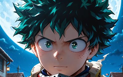 4k, izuku midoriya, luna azul, noche, mi héroe academia, deku, de cerca, obra de arte, boku no héroe academia, midoriya izuku, manga, izuku midoriya mi héroe academia