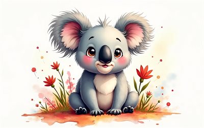 cartoon koala, 4k, arte em aquarela, animais fofos, criativo, koalas, animais de desenho animado, koala fofa, obra de arte, koala
