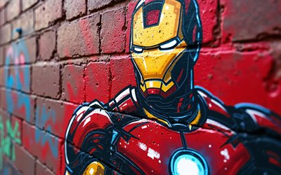 hombre de hierro, 4k, pintada, superhéroes, arte callejero, marvel comics, muro de ladrillo, graffiti de iron man, arte de spider man, fan art, iron man 4k