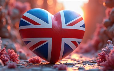 4k, amo la gran bretagna, bokeh, sfondo 3d colorato, creativo, giorno della gran bretagna, bandiera della gran bretagna, cuore con bandiera britannica, cuori 3d, bandiera britannica, gran bretagna, amore per la gran bretagna, flag del regno unito, union jack
