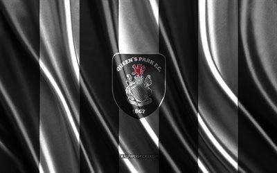4k, logotipo de queens park fc, premier league escocés, textura de seda blanca negra, flagación de queens park fc, club de fútbol escocés, fútbol, bandera de seda, queens park fc emblema, escocia, insignia de queens park fc, queens park fc