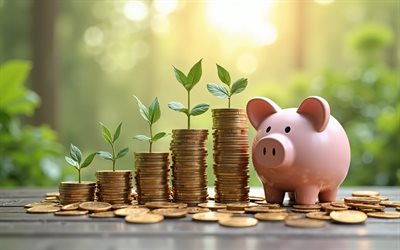 piggy bank cerca de pilas de monedas, 4k, ahorrar, pila de monedas de dinero, gráfico en crecimiento, antecedentes de la naturaleza, hucha, banco pink piggy, ahorro de conceptos de dinero, conceptos de depósitos