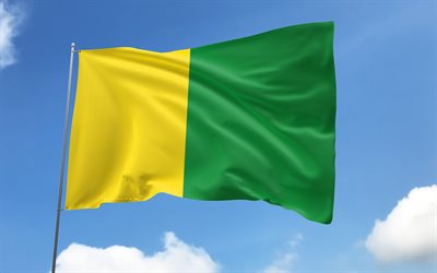 bandera de caldas en la bandera, 4k, departamentos colombianos, cielo azul, bandera de caldas, banderas de satén ondulados, departamentos de colombia, asta de bandera con banderas, día de caldas, colombia, departamento de caldas, caldas