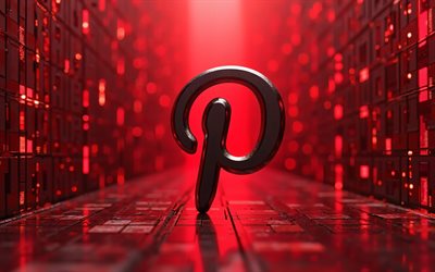 4k, logotipo de pinterest 3d, bokeh, fondo de matriz roja, redes sociales, logotipo de pinterest red, creativo, logotipo de pinterest black, marcas, pinterest, obra de arte