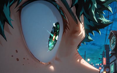 4k, izuku midoriya, ojos verdes, de cerca, mi héroe academia, noche, deku, obra de arte, boku no héroe academia, midoriya izuku, manga, izuku midoriya mi héroe academia
