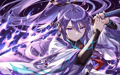 4k, kamui gakupo, معركة, سيف, vocaloid, كيمونو, نيران النار الأرجواني, شخصيات صوتية, المانجا, عيون البنفسجي, kamui gakupo vocaloid