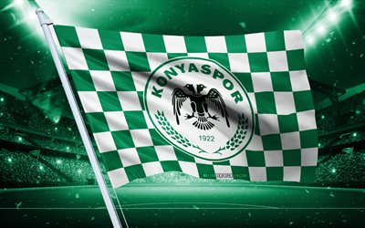4k, logotipo konyaspor, clube de futebol turco, bandeira do estádio, fãs de konyaspor sinalizam, bandeira branca verde, emblema de konyaspor, super lig, peru, futebol, konyaspor