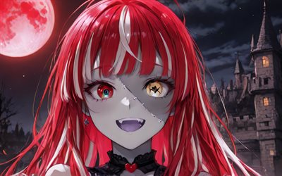 4k, クレイジ・オリー, 城, レッドムーン, 仮想youtuber, 閉じる, vtuber, ゾンビ, 肖像画, ホロリーブ, ヘテロクロミア, 漫画, kureiji ollie channel