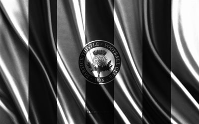 4k, logotipo de partick thistle fc, premier league escocés, textura de seda blanca negra, partick thistle fc flag, club de fútbol escocés, fútbol, bandera de seda, partick thistle fc emblem, escocia, partick thistle fc insignia, particick thistle fc