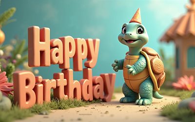 feliz cumpleaños, 4k, tortuga linda y divertida, feliz cumpleaños inscripción 3d, feliz cumpleaños deseo, tarjeta de felicitación de feliz cumpleaños, conceptos de feliz cumpleaños, antecedentes de feliz cumpleaños