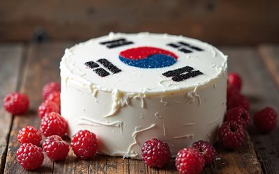 South Korea flag painted on cake, 4k, South Korea flag, baking, South Korea, cake with berries, flag of South Korea, cake with the South Korea flag, South Korea Day