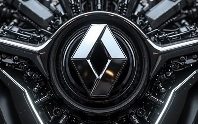 Renault metal logo, 4k, bokeh, black mechanical backgrounds, cars brands, Renault 3D logo, creative, Renault logo, Renault