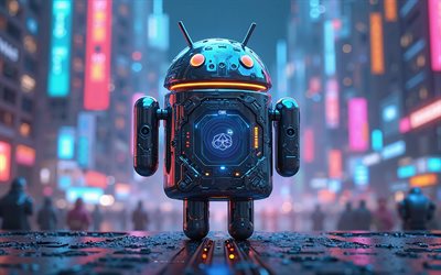 robot 3d android, 4k, background tecnologico notturno, logo 3d android, emblema android, robot android, arte digitale creativa, android