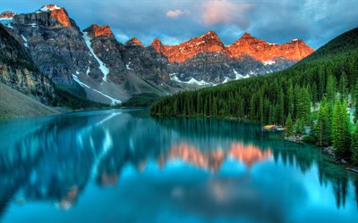 Moraine Lake, hdr, forest, Canada, sunset, Valley of the Ten Peaks, mountains, Banff National Park, summer